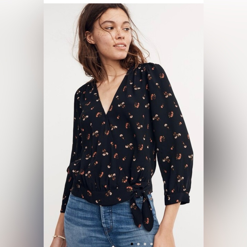 Madewell Women’s Wrap Top In Flower Toss LS Vine True Black Blouse Size S